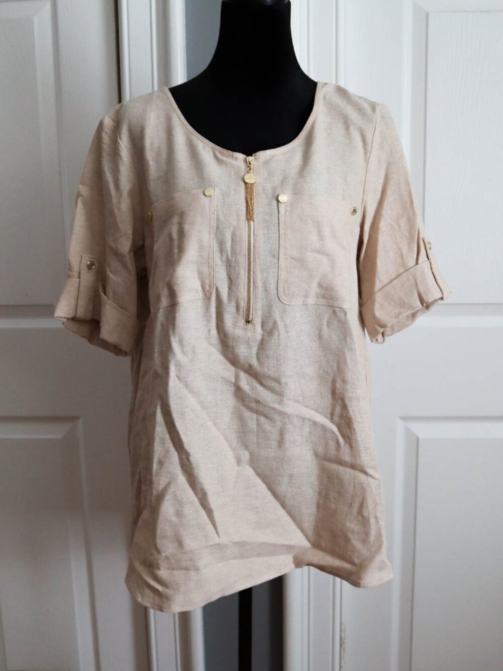 Anne Klein Linen Blend Tunic Top Sz Medium Khaki Gold Details Lagenlook Coastal